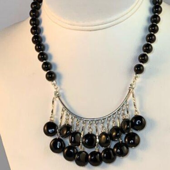 Unbranded Jewelry - Silver Tone With Black Onyx Beads Choker Bib Necklace (NA93)